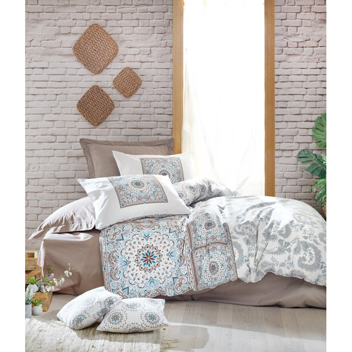 Mistana Paseo White/Beige/Blue 100 Cotton Reinforce 145 TC Duvet Cover